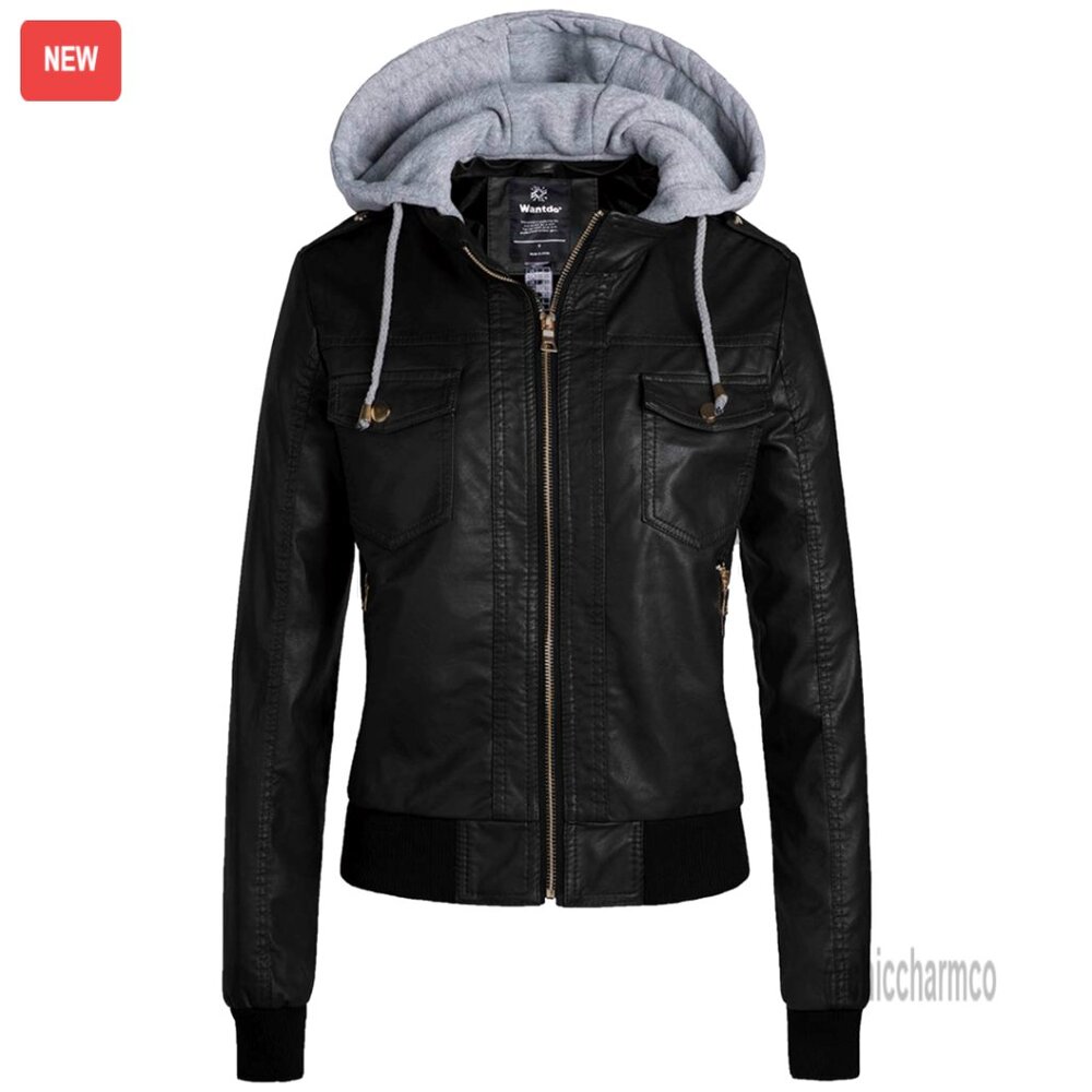 Lightweight Pu Leather Motorcycle Jacket With Removable Hood Slim Fit
